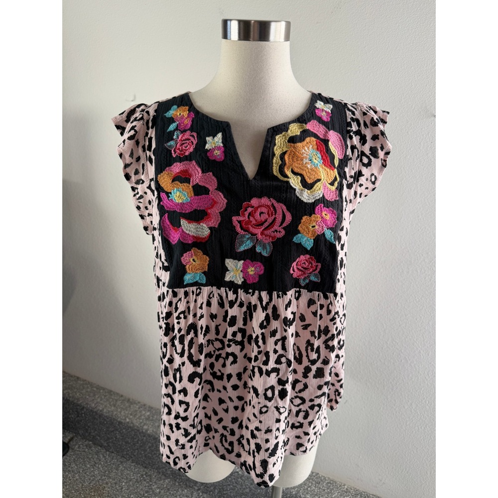 Savanna Jane Womens Large Leopard Floral Embroidered Flutter Sleeve Blouse